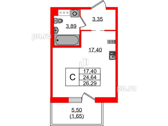 Квартира в ЖК «IQ», студия, 26.29 м², 1 этаж