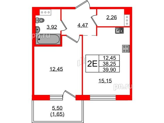 Квартира в ЖК «IQ», 1 комнатная, 39.9 м², 2 этаж