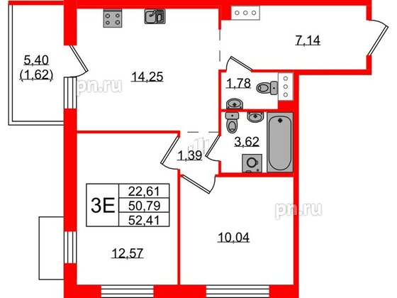 Квартира в ЖК «IQ», 2 комнатная, 52.41 м², 1 этаж