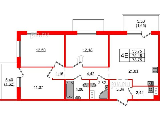 Квартира в ЖК «IQ», 3 комнатная, 78.75 м², 1 этаж