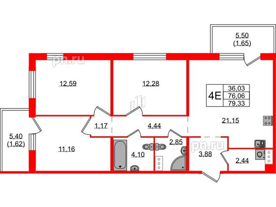 Квартира в ЖК «IQ», 3 комнатная, 79.33 м², 5 этаж