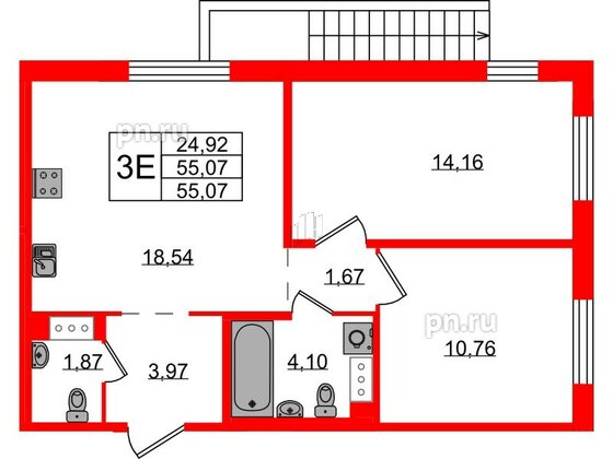 Квартира в ЖК «IQ», 2 комнатная, 55.07 м², 1 этаж