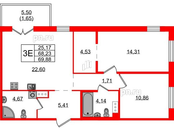 Квартира в ЖК «IQ», 2 комнатная, 69.88 м², 5 этаж