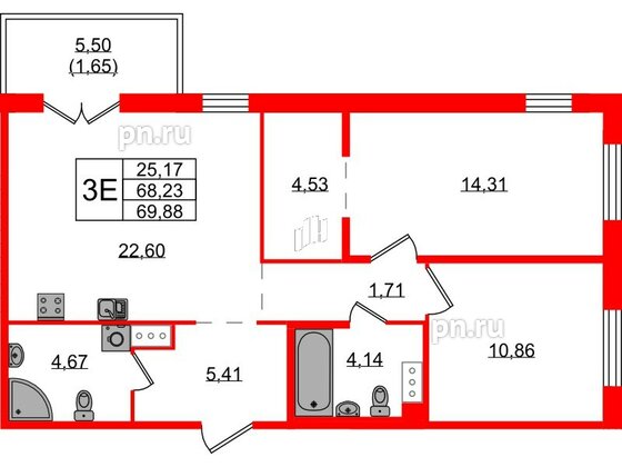 Квартира в ЖК «IQ», 2 комнатная, 69.88 м², 9 этаж