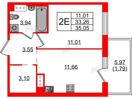 Квартира в ЖК «IQ», 1 комнатная, 35.05 м², 1 этаж