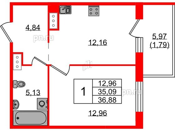 Квартира в ЖК «IQ», 1 комнатная, 36.88 м², 5 этаж