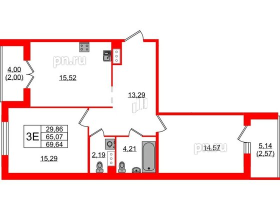 Квартира в ЖК «IQ», 2 комнатная, 69.64 м², 2 этаж