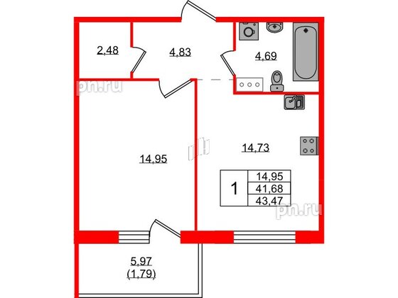 Квартира в ЖК «IQ», 1 комнатная, 43.47 м², 2 этаж