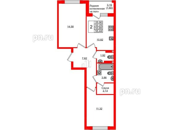 Квартира в ЖК «Консул», 2 комнатная, 53.85 м², 4 этаж