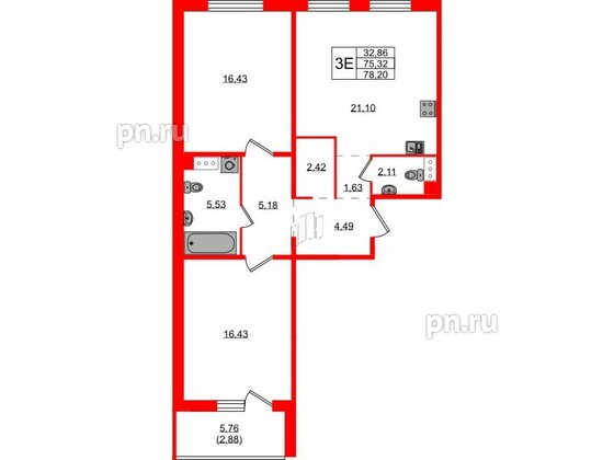 Квартира в ЖК «Айкью Гатчина», 2 комнатная, 78.3 м², 5 этаж