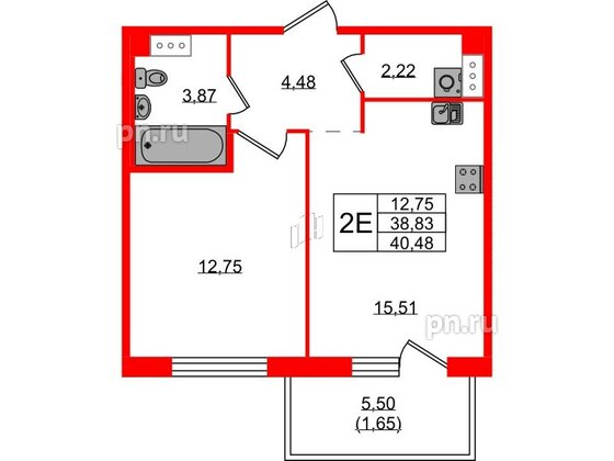 Квартира в ЖК «IQ», 1 комнатная, 40.3 м², 2 этаж