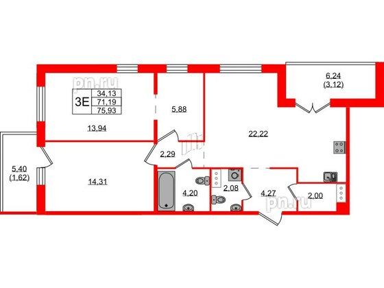 Квартира в ЖК «IQ», 3 комнатная, 75.93 м², 2 этаж