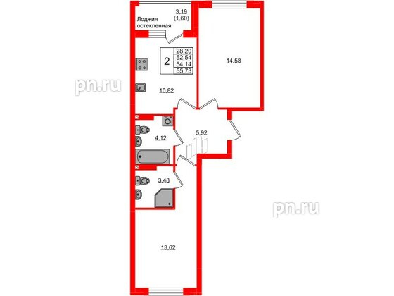 Квартира в ЖК «Консул», 2 комнатная, 54.14 м², 2 этаж