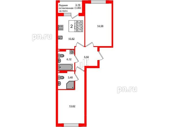 Квартира в ЖК «Консул», 2 комнатная, 54.14 м², 6 этаж