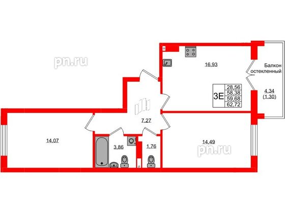 Квартира в ЖК «Консул», 2 комнатная, 59.68 м², 2 этаж