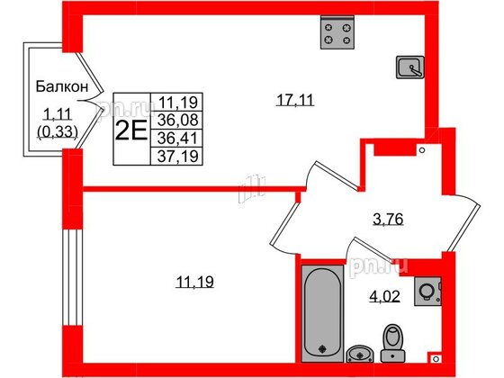 Квартира в ЖК «Консул», 1 комнатная, 36.41 м², 2 этаж