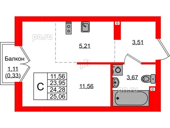 Квартира в ЖК «Консул», студия, 24.28 м², 3 этаж