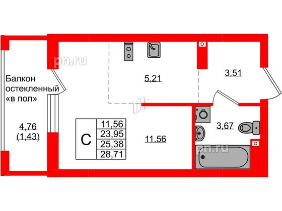 Квартира в ЖК «Консул», студия, 25.38 м², 7 этаж