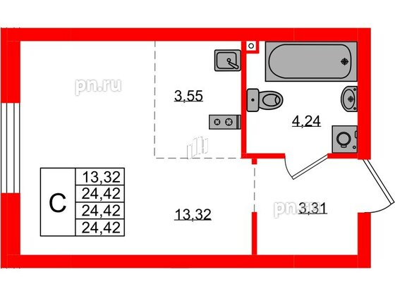 Квартира в ЖК «Консул», студия, 24.42 м², 1 этаж