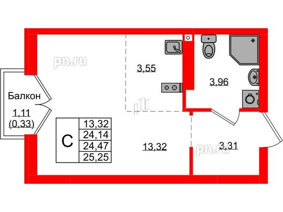 Квартира в ЖК «Консул», студия, 24.47 м², 2 этаж