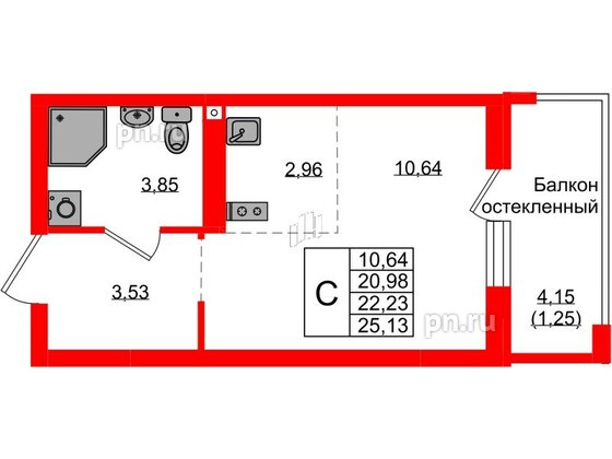 Квартира в ЖК «Консул», студия, 22.23 м², 2 этаж