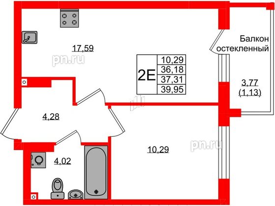 Квартира в ЖК «Консул», 1 комнатная, 37.31 м², 2 этаж