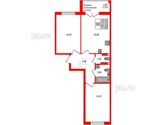 Квартира в ЖК «Консул», 2 комнатная, 60.03 м², 4 этаж