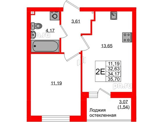 Квартира в ЖК «Консул», 1 комнатная, 34.17 м², 1 этаж