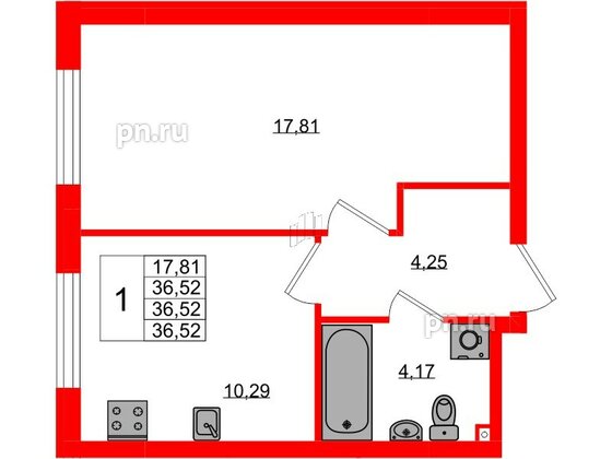 Квартира в ЖК «Консул», 1 комнатная, 36.52 м², 1 этаж