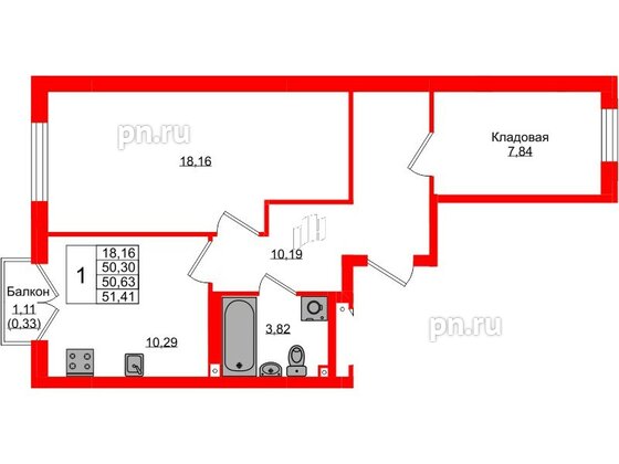 Квартира в ЖК «Консул», 1 комнатная, 50.63 м², 2 этаж