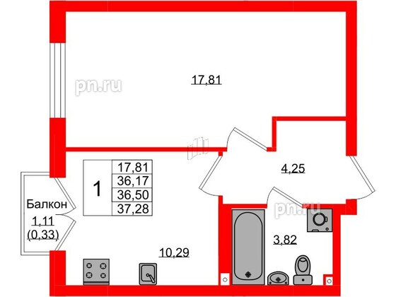 Квартира в ЖК «Консул», 1 комнатная, 36.5 м², 3 этаж