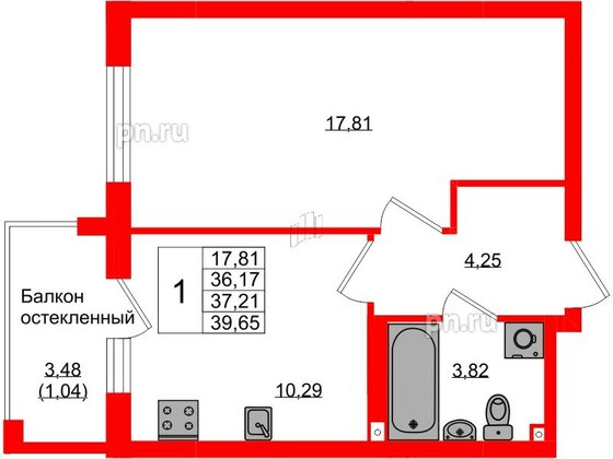 Квартира в ЖК «Консул», 1 комнатная, 37.21 м², 9 этаж