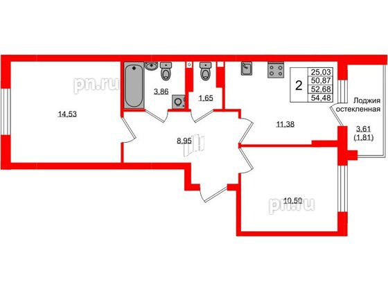 Квартира в ЖК «Консул», 2 комнатная, 52.68 м², 4 этаж