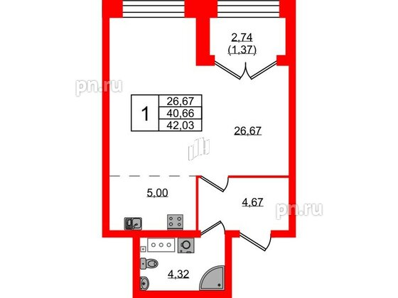 Квартира в ЖК Наука, 1 комнатная, 42.03 м², 2 этаж