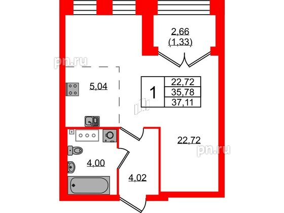 Квартира в ЖК Наука, 1 комнатная, 37.11 м², 2 этаж