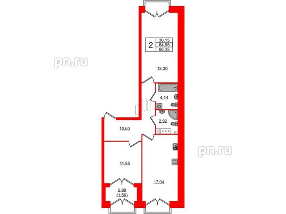 Квартира в ЖК Наука, 2 комнатная, 66.35 м², 12 этаж