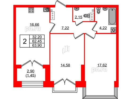 Квартира в ЖК Наука, 2 комнатная, 63.9 м², 11 этаж