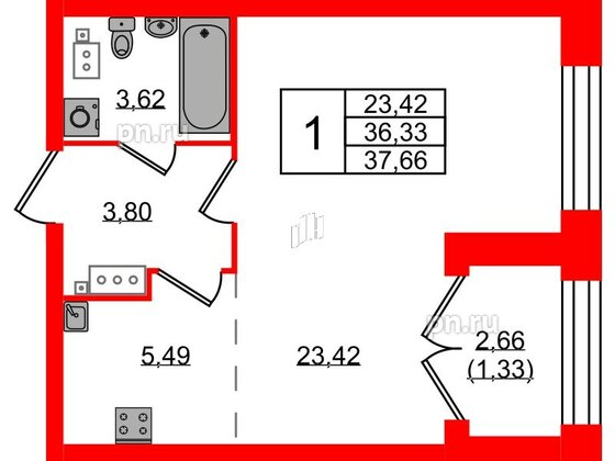 Квартира в ЖК Наука, 1 комнатная, 37.66 м², 2 этаж