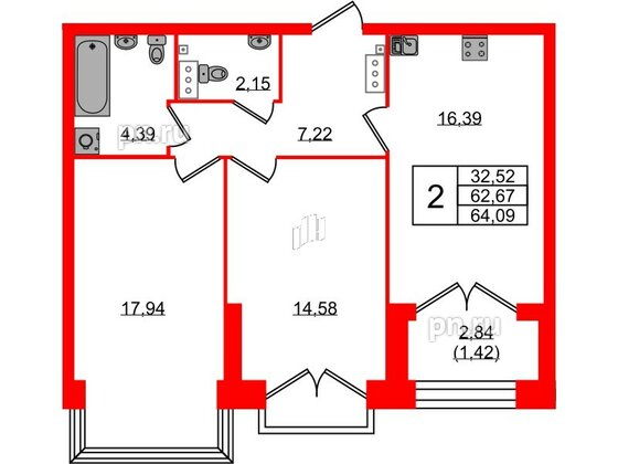 Квартира в ЖК Наука, 2 комнатная, 64.09 м², 9 этаж