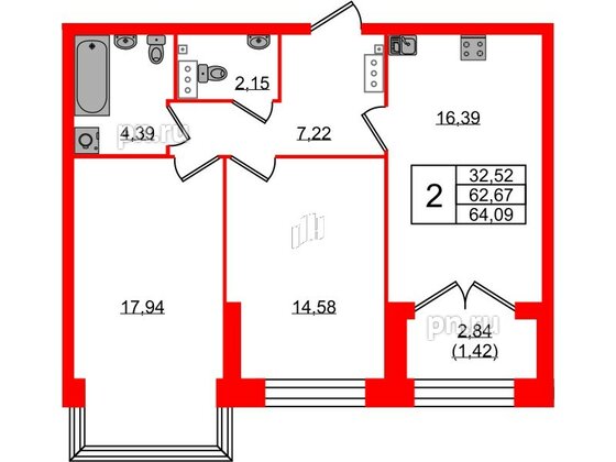 Квартира в ЖК Наука, 2 комнатная, 64.09 м², 10 этаж