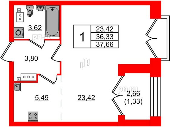 Квартира в ЖК Наука, 1 комнатная, 37.66 м², 11 этаж