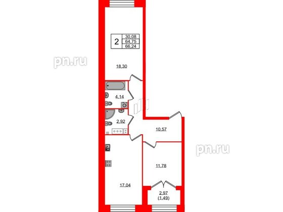 Квартира в ЖК Наука, 2 комнатная, 66.24 м², 2 этаж