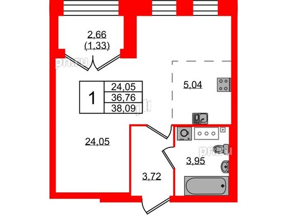 Квартира в ЖК Наука, 1 комнатная, 38.09 м², 2 этаж