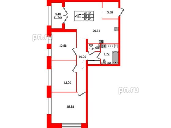 Квартира в ЖК Наука, 3 комнатная, 86.6 м², 3 этаж