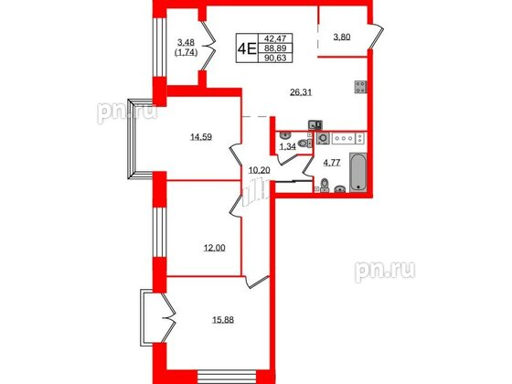 Квартира в ЖК Наука, 3 комнатная, 90.63 м², 7 этаж