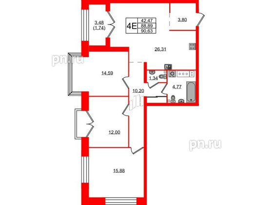 Квартира в ЖК Наука, 3 комнатная, 90.63 м², 8 этаж