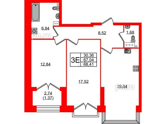 Квартира в ЖК Наука, 2 комнатная, 68.41 м², 11 этаж