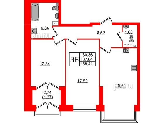 Квартира в ЖК Наука, 2 комнатная, 68.41 м², 12 этаж