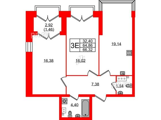 Квартира в ЖК Наука, 2 комнатная, 66.32 м², 12 этаж