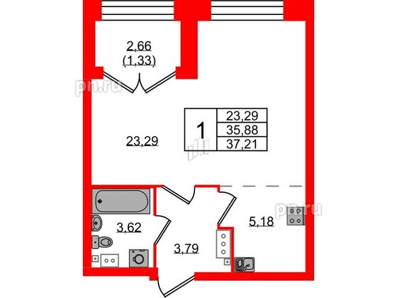 Квартира в ЖК Наука, 1 комнатная, 37.21 м², 2 этаж